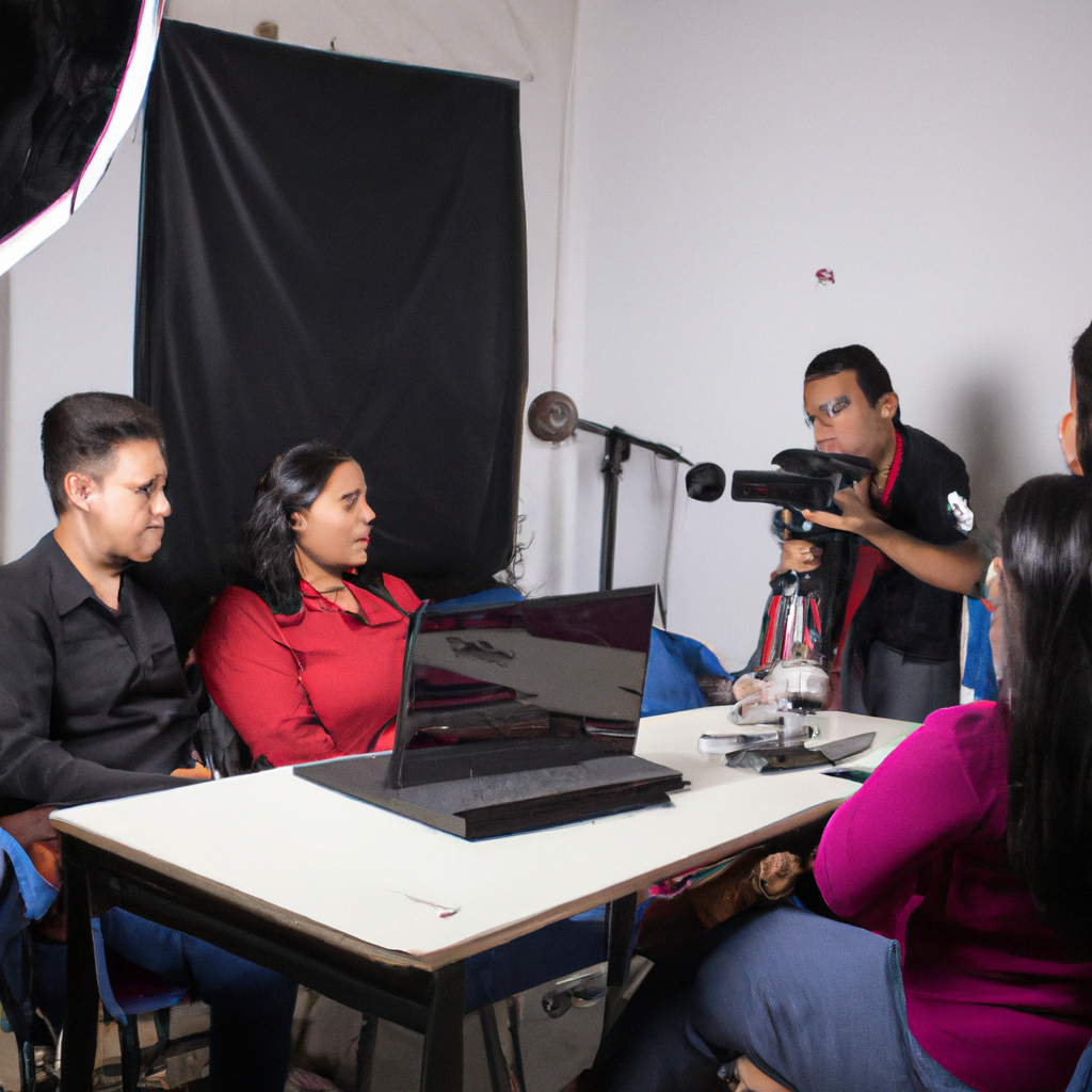 Promoción de cursos en aula de periodismo con estudiantes y profesor